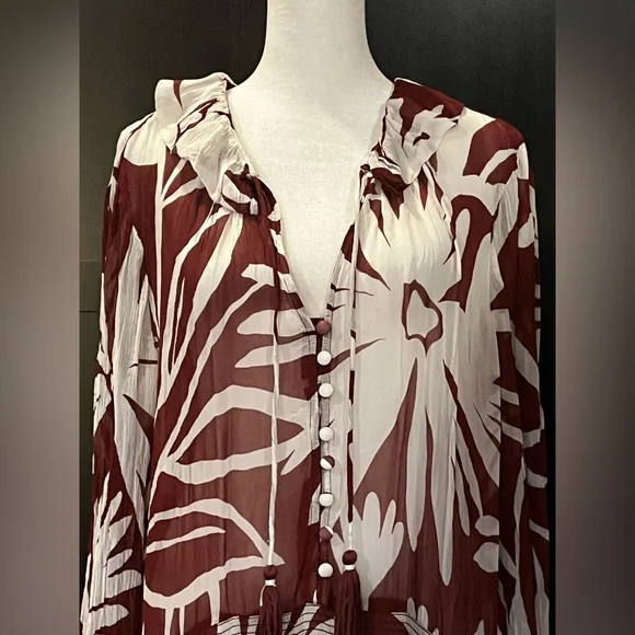 Anthropologie Marais Chiffon Mini Dress w/ ruffled skirt. Maroon, white. L-XL - Picture 8 of 15